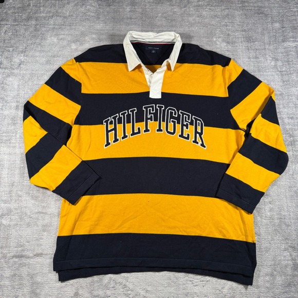 Tommy Hilfiger Other - Tommy Hilfiger Shirt Mens Large Yellow Striped Long Sleeve Rugby Polo Spell Out